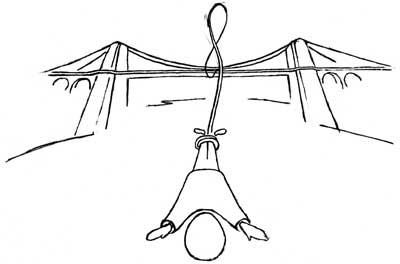 An illustration of a bungee jumper jumping off Menai Bridge, Anglesea